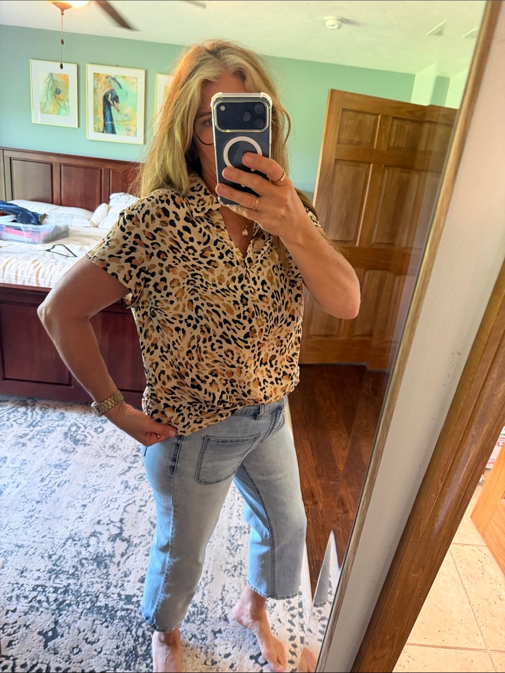 CAbi Leopard Button-Down Blouse in Tan and Black
